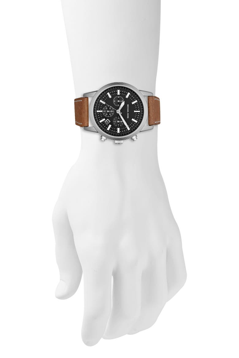 Michael Kors 'Scout' Chronograph Leather Strap Watch, 43mm, Alternate, color, LUGGAGE/ SILVER