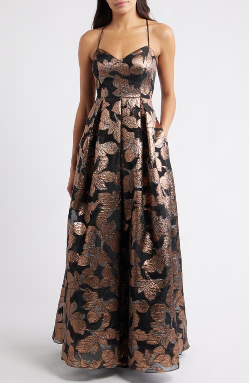 Eliza J Metallic Floral Jacquard Ballgown In Brown