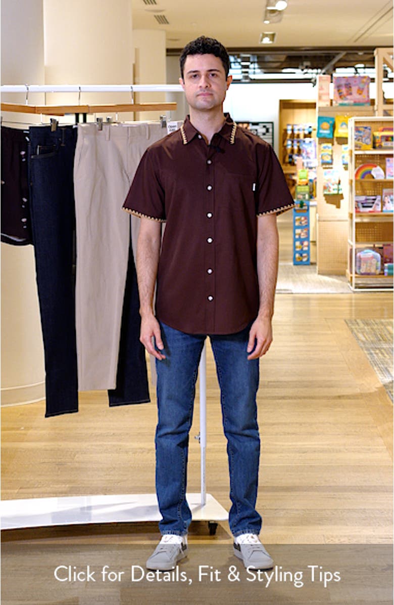 Espresso Crochet Trim Short Sleeve Button-Up Shirt, sales video thumbnail