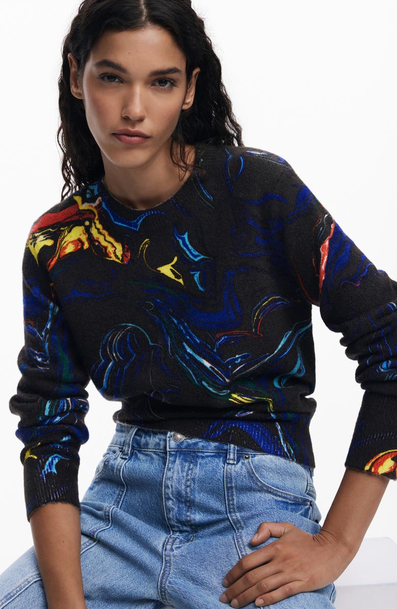 Desigual Paint Swirl Print Sweater, Alternate, color, Black