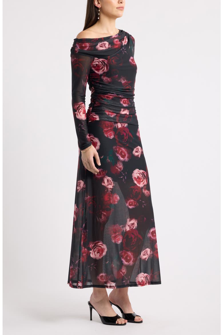 Mesh One-Shoulder Long Sleeve Maxi Dress, Alternate, color, BLACK- PINK LOIS FLORAL