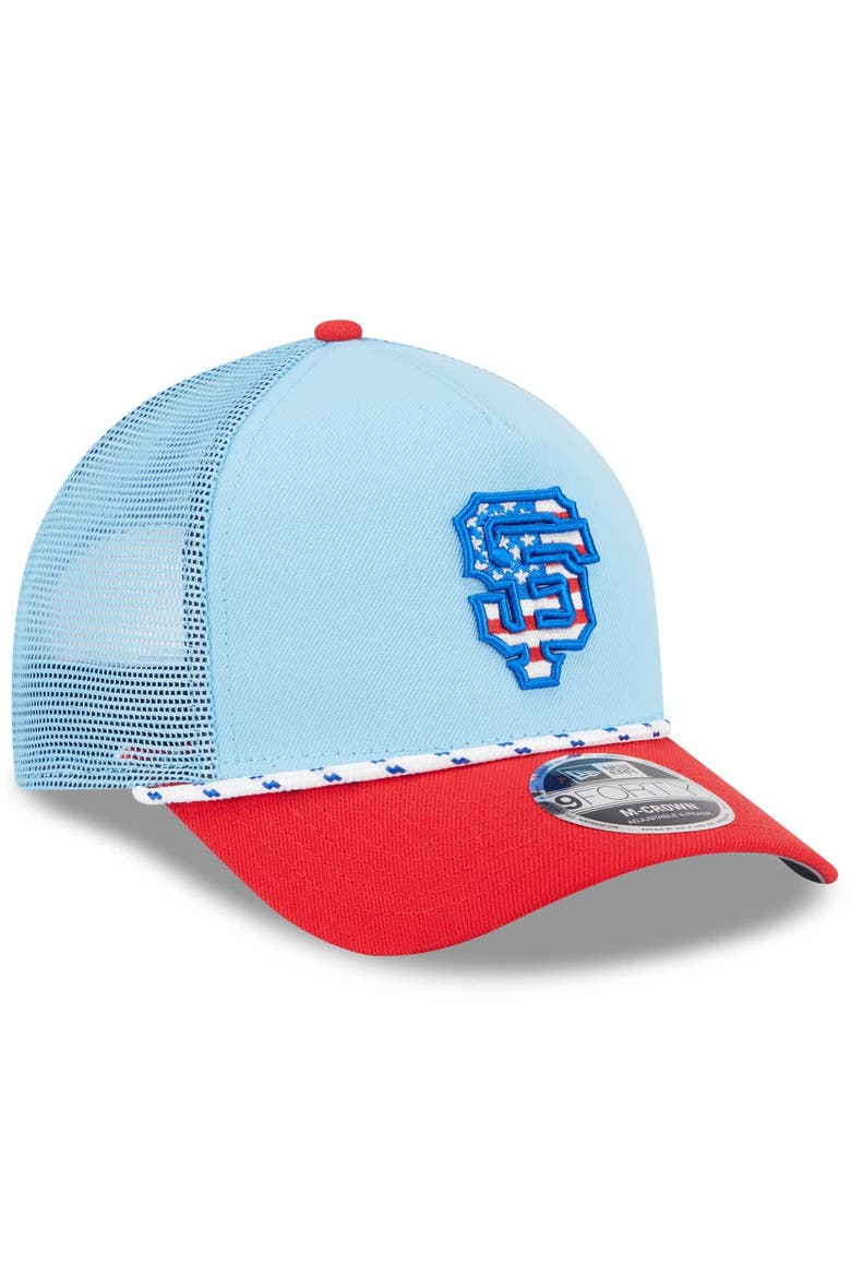 Men's New Era Light Blue/Red San Francisco Giants 2025 Fourth of July 9FORTY A-Frame M-Crown Adjustable Trucker Hat, Alternate, color, Light Blue