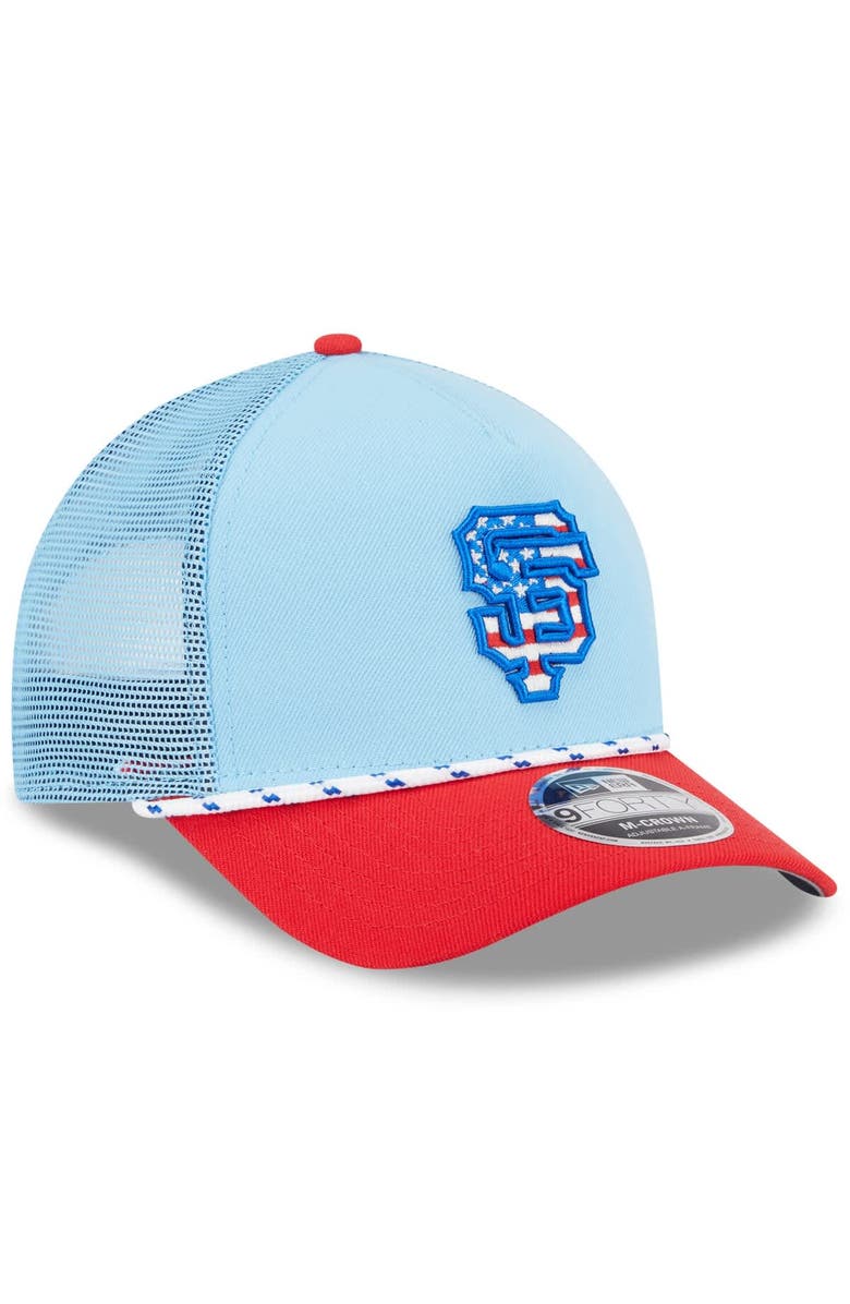 New Era Men's New Era Light Blue/Red San Francisco Giants 2025 Fourth of July 9FORTY A-Frame M-Crown Adjustable Trucker Hat, Alternate, color, Light Blue