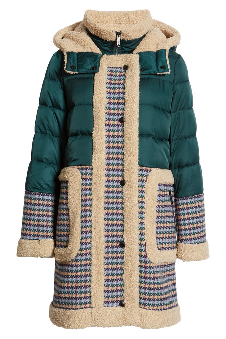 Mix Media Puffer Hooded Coat, Alternate, color, EMERALD/ PURPLE MULTI TWEED
