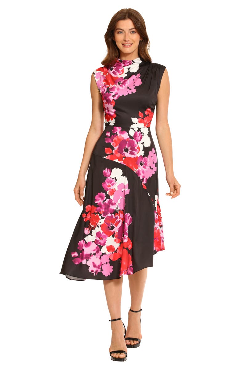 Maggy London Floral Funnel Neck Asymmetric Hem Dress, Alternate, color,