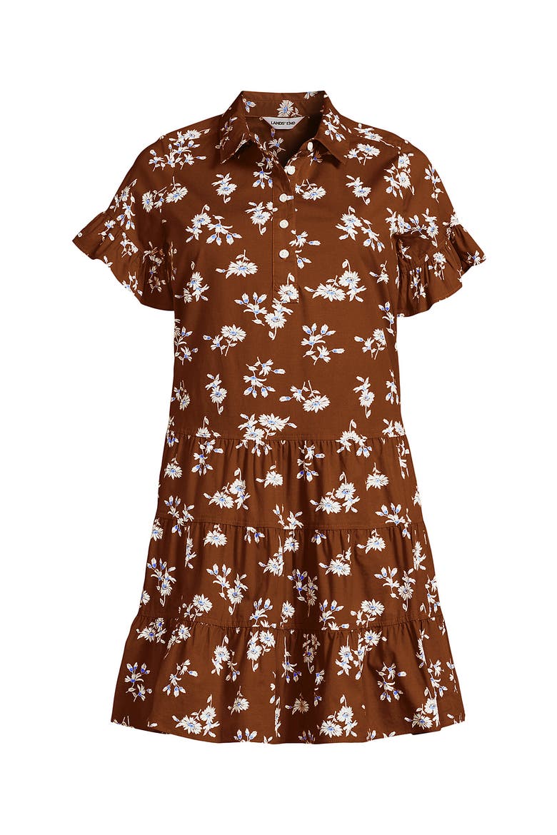Poplin Flutter Sleeve Knee Length Popover Dress, Alternate, color, Rich Ginger Brown Floral