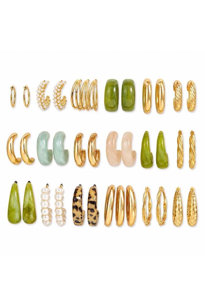 18-Pair 14K Gold-Plated Mixed Hoop Earring Set with Resin-Look and Faux Pearl Accents, Main, color, Gold/Multicolor