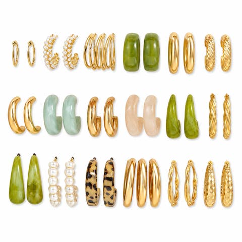 18-Pair 14K Gold-Plated Mixed Hoop Earring Set with Resin-Look and Faux Pearl Accents