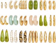 Gemini Jewelry 18-Pair 14K Gold-Plated Mixed Hoop Earring Set with Resin-Look and Faux Pearl Accents