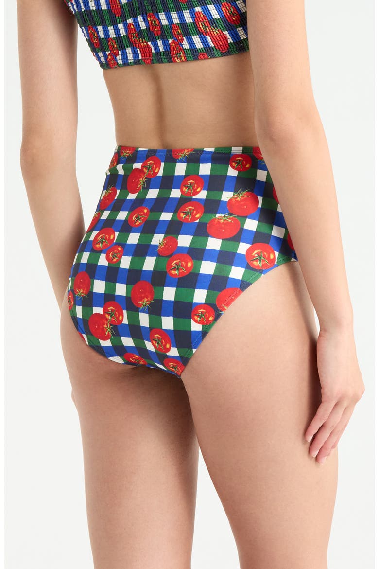 Smocked High Waist Bikini Bottoms, Alternate, color, GINGHAM TOMATOES BLUE/ GREEN