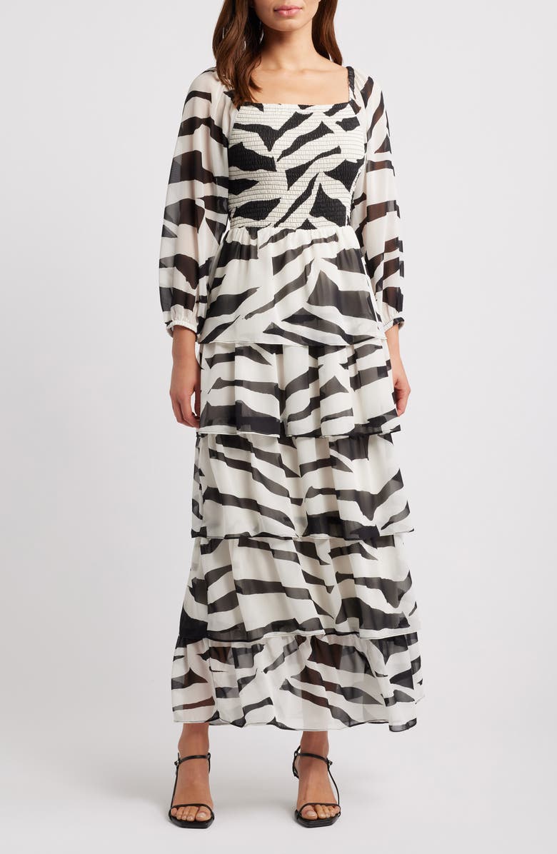 Chelsea28 Smocked Tiered Long Sleeve Maxi Dress, Main, color, Black- Ivory Geo