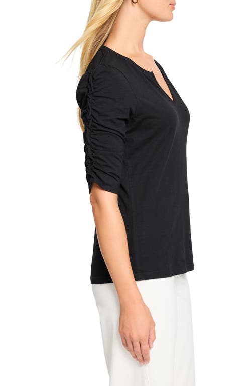 Nzt By Nic+zoe Ruched Elbow Sleeve Split V-neck T-shirt In Black Onyx