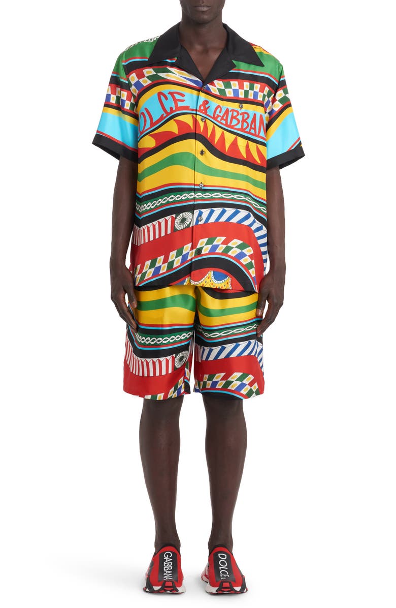 Dolce&Gabbana Carretto Print Short Sleeve Silk Button-Up Shirt, Alternate, color,