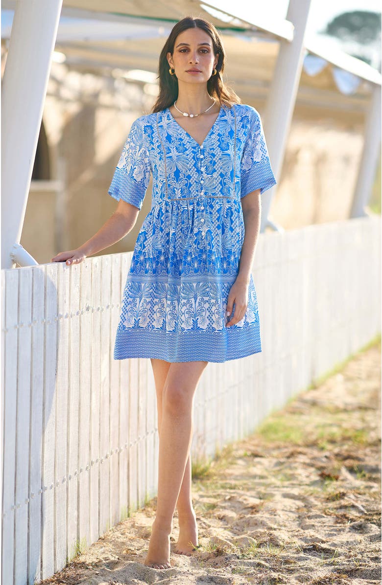 Yumi Short Sleeve V-Neck Palm Relaxed Dress, Alternate, color, Blue