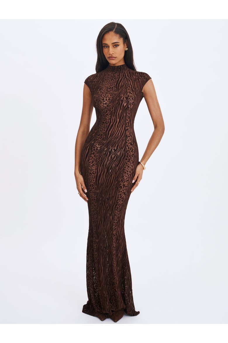 Tyanna Burnout Velvet Mesh Backless Mermaid Maxi Dress, Alternate, color, Mocha