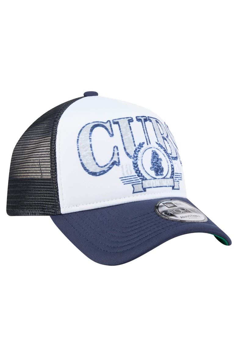 Men's New Era White/Navy Chicago Cubs Distressed 9FORTY A-Frame Adjustable Trucker Hat, Alternate, color, White