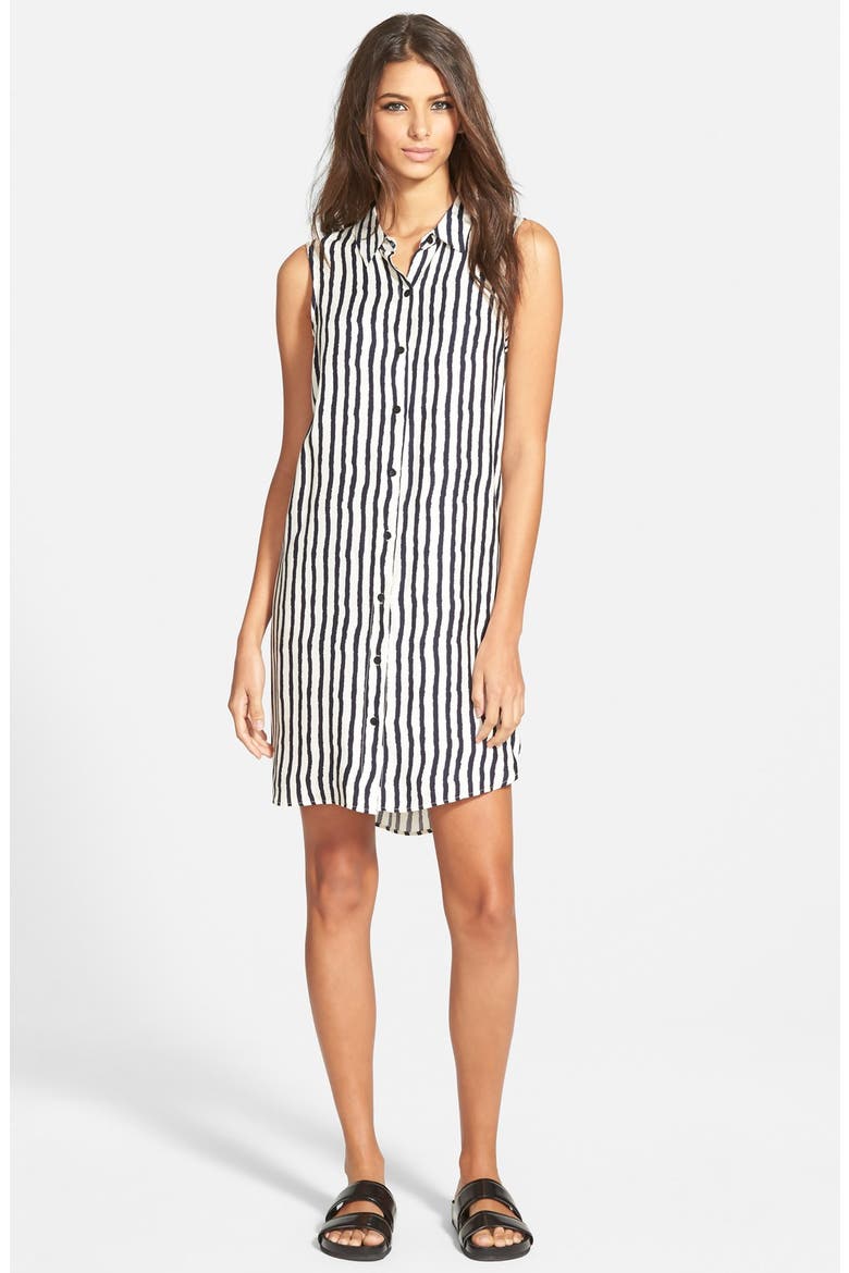 Button Front Woven Shirtdress, Main, color, IVORY/ NAVY STRIPE