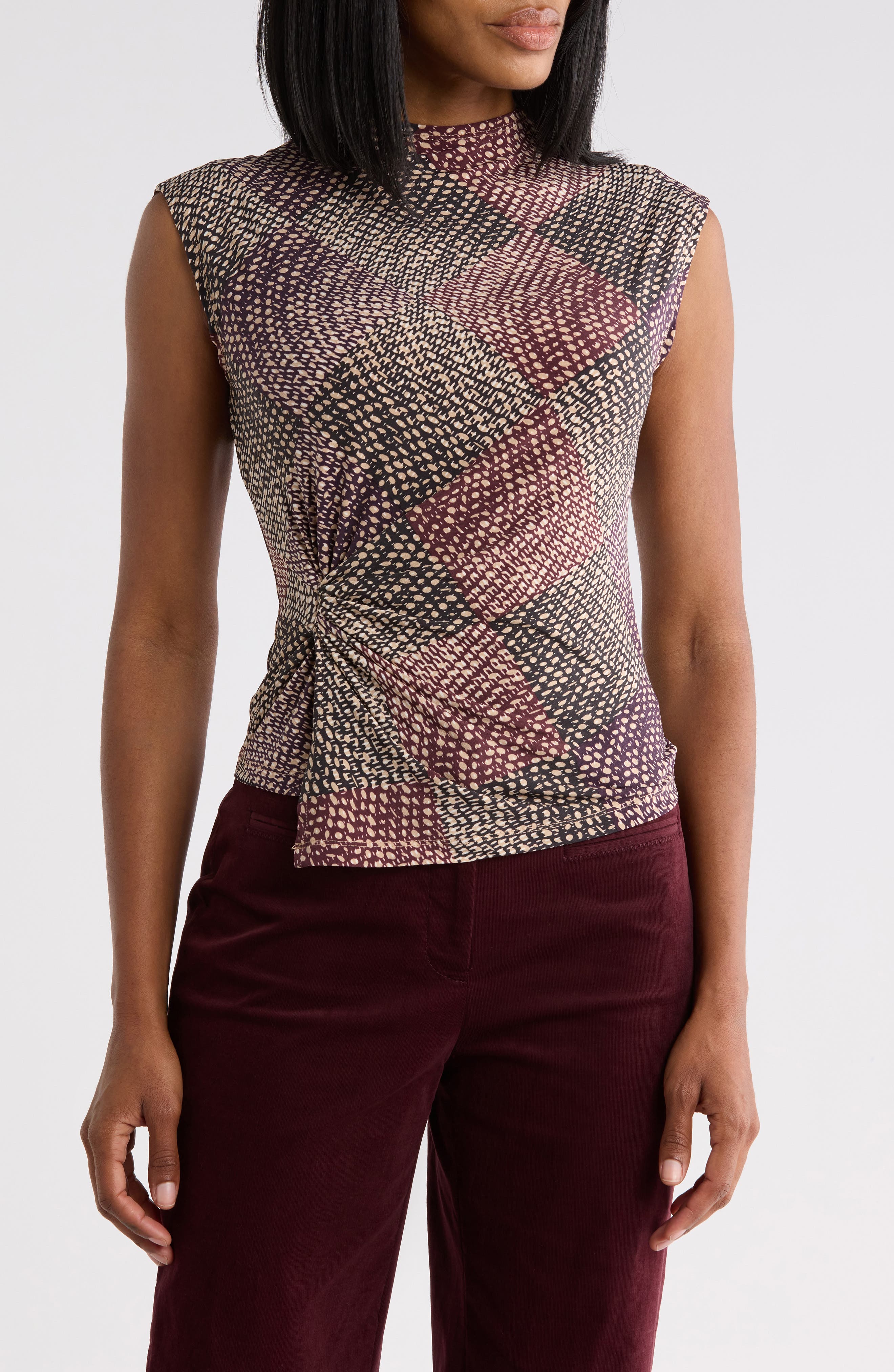 Knot Front Mock Neck Sleeveless Top
