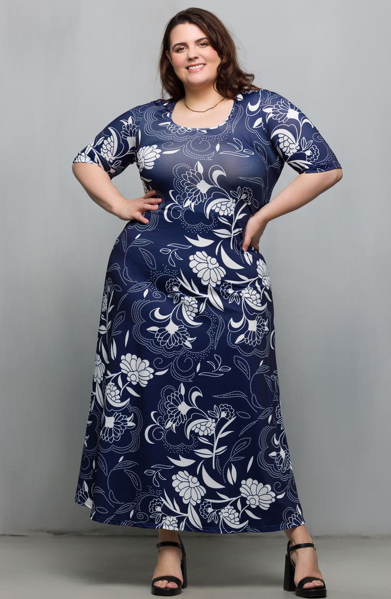 24seven Comfort Apparel Floral Knit Maxi Dress, Alternate, color, Navy Multi
