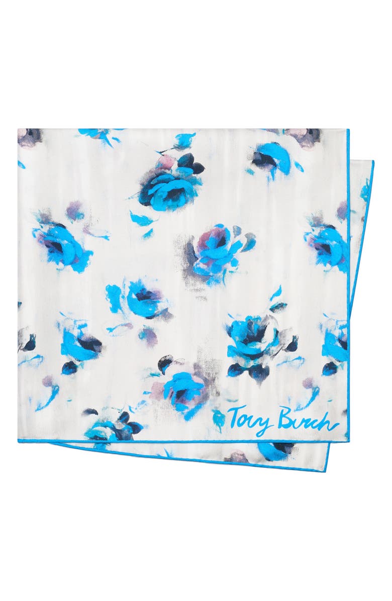 Tory Burch Floral Rose Square Silk Neckerchief, Main, color, Blue Roses Neckerchief Blue