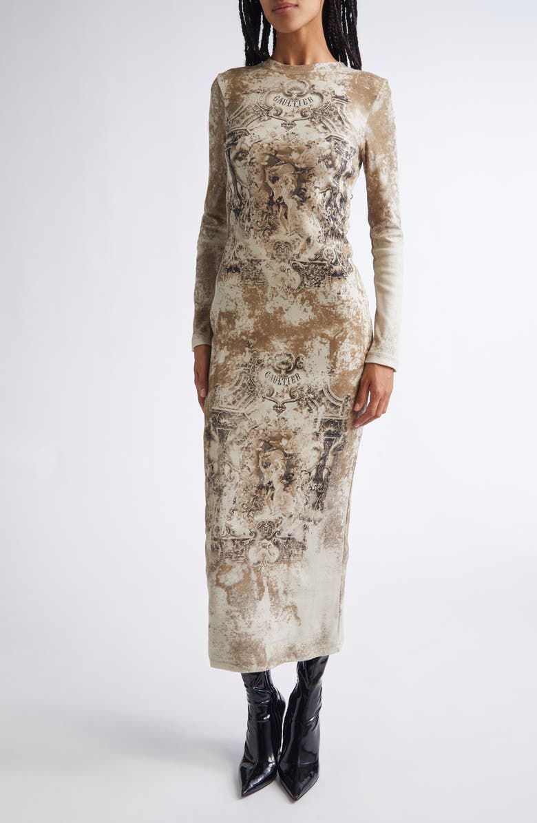 Jean Paul Gaultier Medallion Print Long Sleeve Mesh Body-Con Dress, Main, color, Light Beige/ Taupe