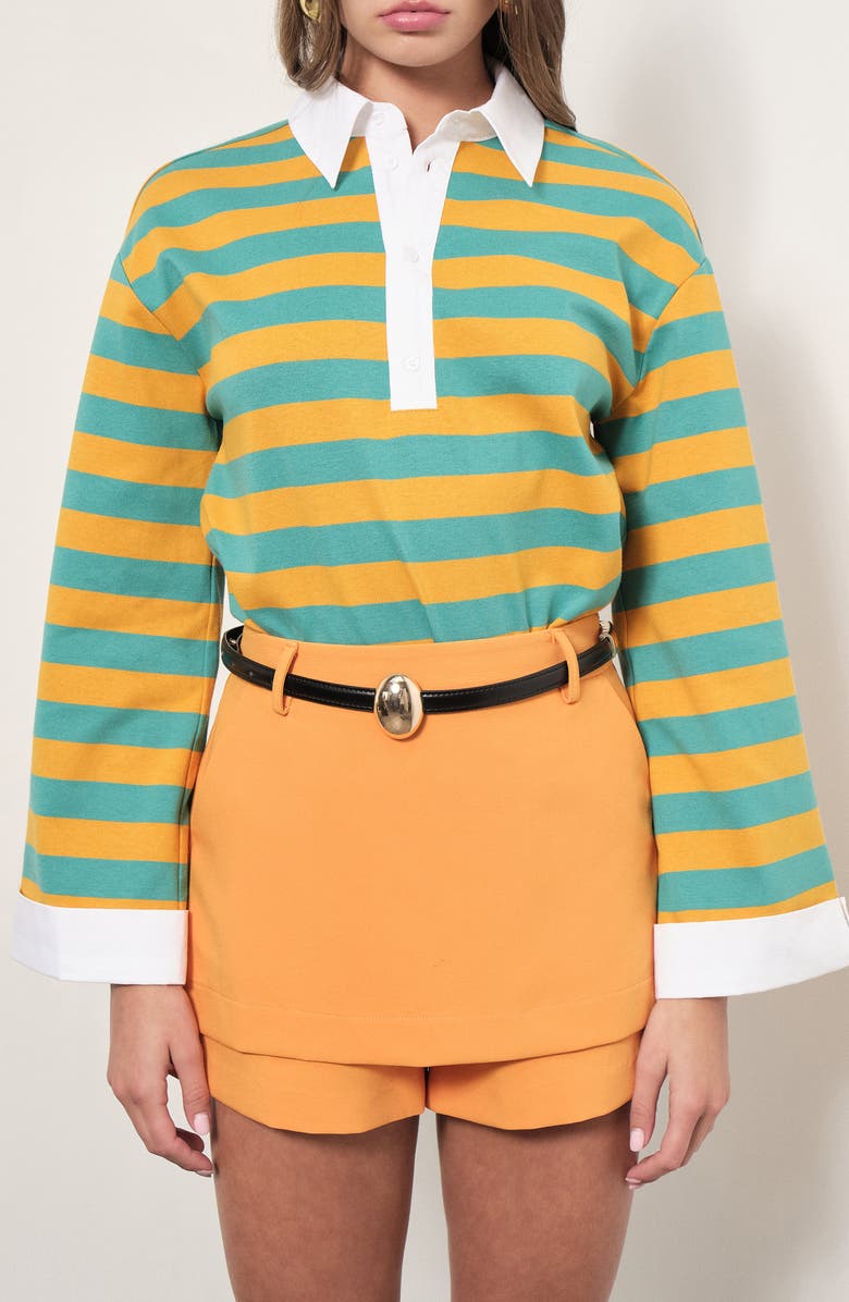 MAUDE CLUB Gabrielle Stripe Cotton Rugby Shirt, Main, color, Ocean Yellow Stripe