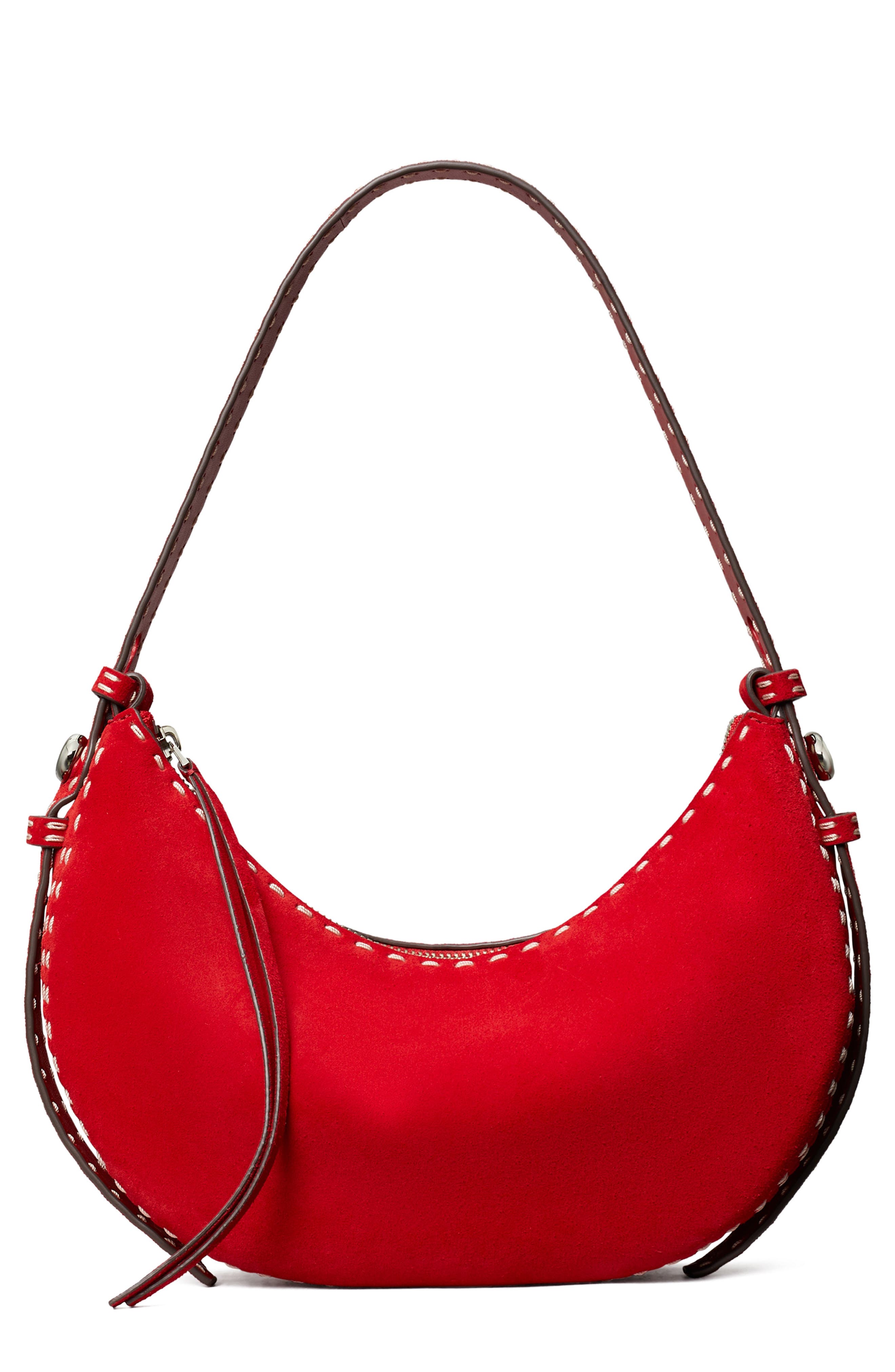 Tory Burch Romy Suede Half Moon Shoulder Bag, Main, color, Red