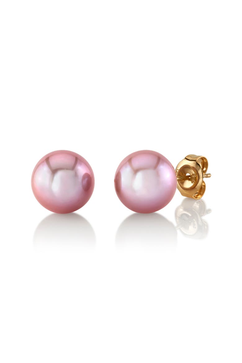9mm Pink Freshwater Round Pearl Stud Earrings, Main, color, Yellow Gold