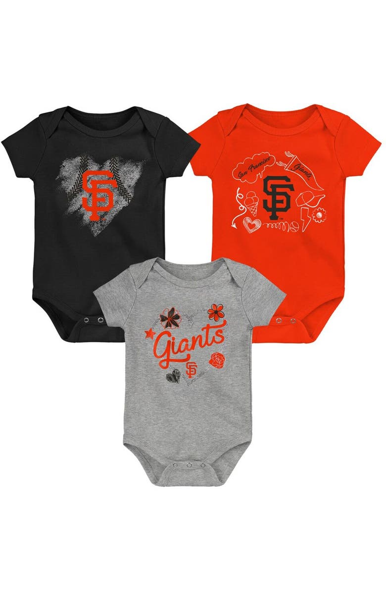 Outerstuff Girls Newborn & Infant Black/Orange/Heathered Gray San Francisco Giants 3-Pack Batter Up Bodysuit Set, Alternate, color, Black