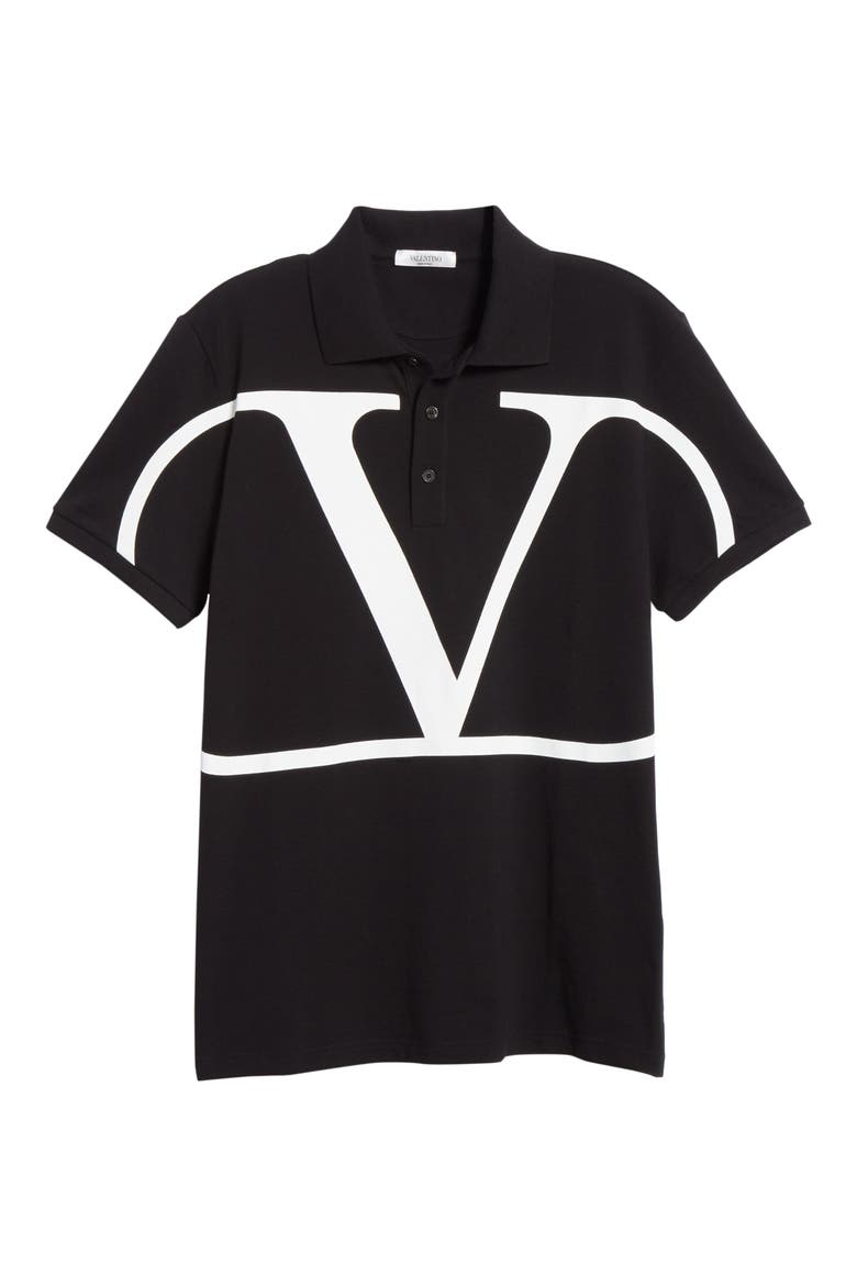 V-Logo Black Short Sleeve Piqué Polo, Alternate, color, BLACK/ WHITE