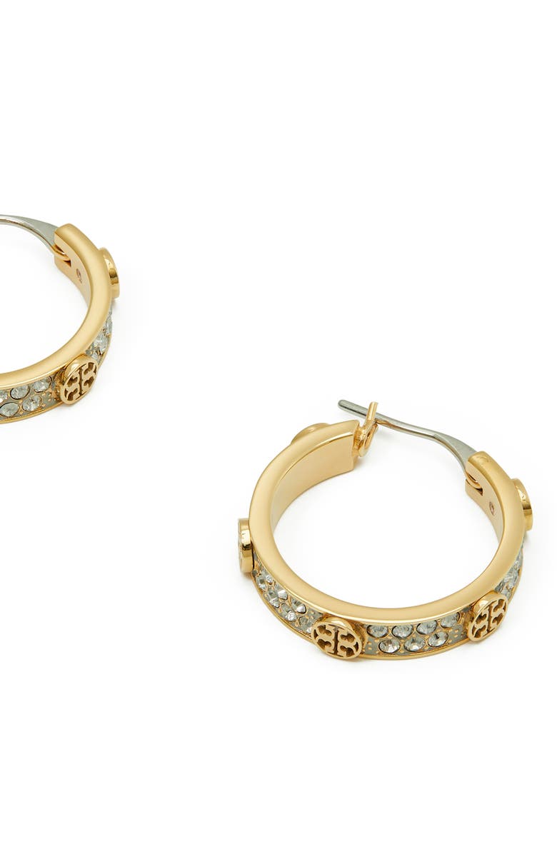 Tory Burch Small Icon Pave Hoop Earrings, Alternate, color, Tory Gold / Crystal