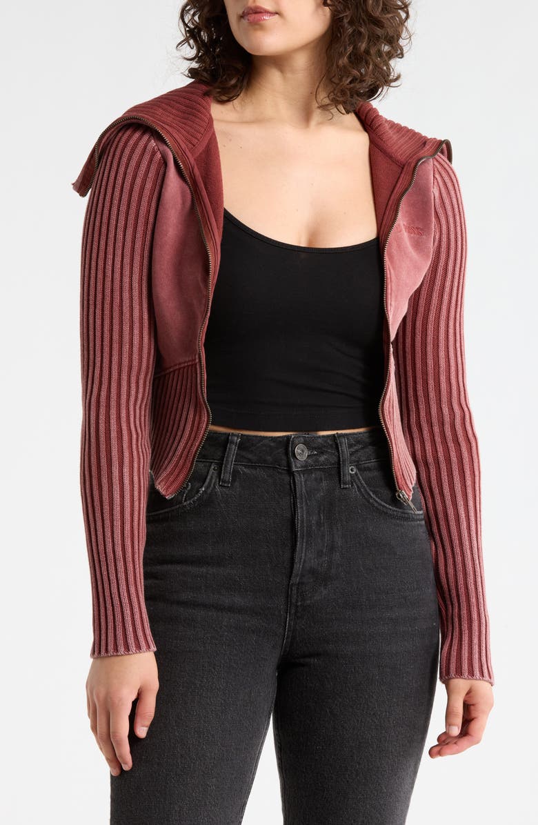 BDG Urban Outfitters Thea Mixed Media Rib Track Sweater, Main, color, Burgundy