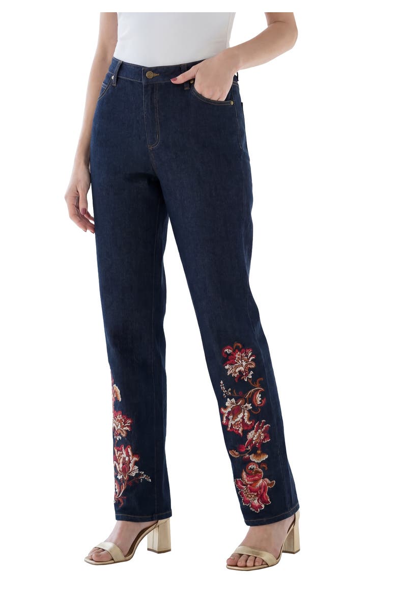 Plus Size Stretch Embroidered Straight Leg Jean, Main, color, DARK DENIM DAHLIA FLORAL