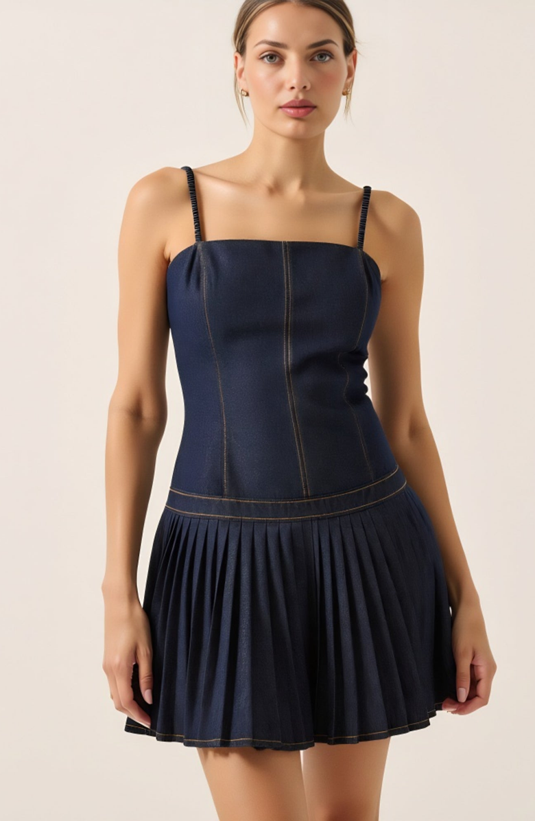 Modenaire Spaghetti Strap Pleated Denim Mini Dress, Main, color, Dark Blue