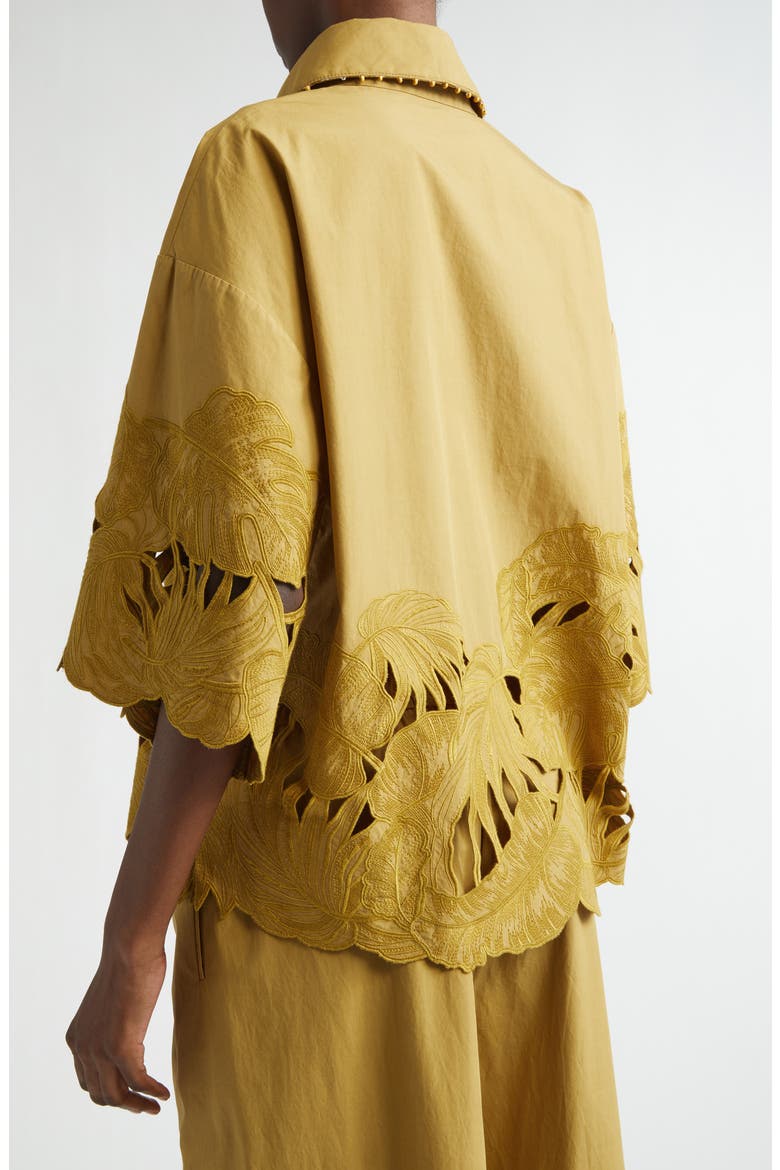 Mahon Oversize Embroidered Cutwork Cotton Button-Up Shirt, Alternate, color, MOSS