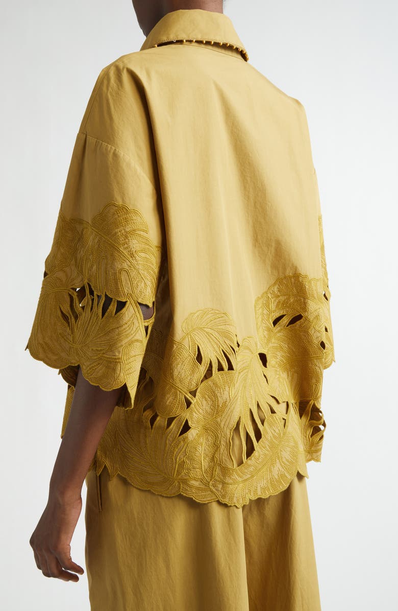 Zimmermann Mahon Oversize Embroidered Cutwork Cotton Button-Up Shirt, Alternate, color, Moss