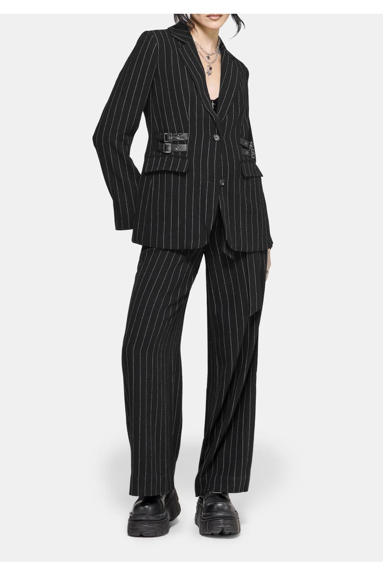 Charli Pinstripe Buckle Oversized Blazer, Alternate, color, Black