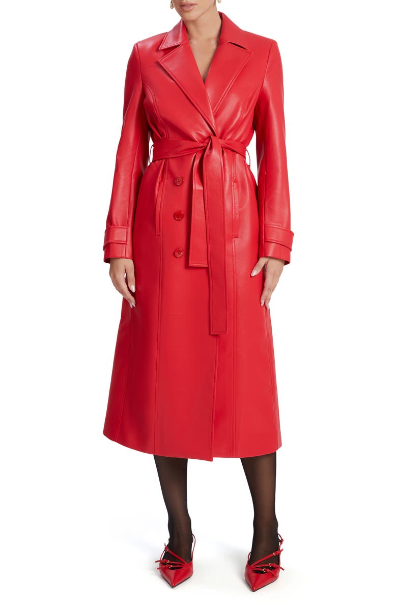 Bardot Faux Leather Trench Coat, Main, color, Famous Red