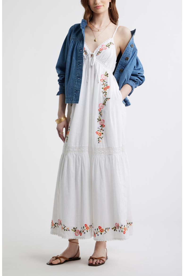 Floral Lace Trim Babydoll Maxi Dress, Alternate, color, WHITE MULTI EMB FLORAL