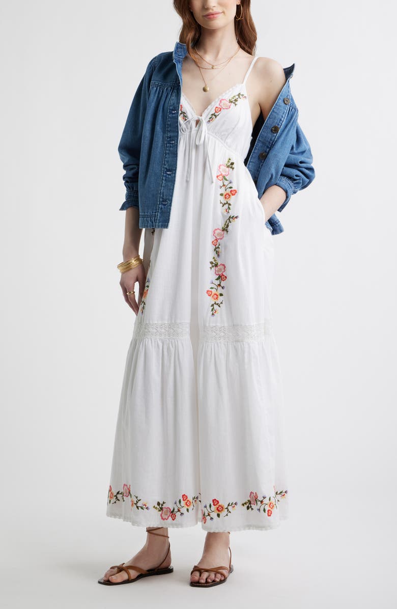 Treasure & Bond Floral Lace Trim Babydoll Maxi Dress, Alternate, color, White Multi Emb Floral