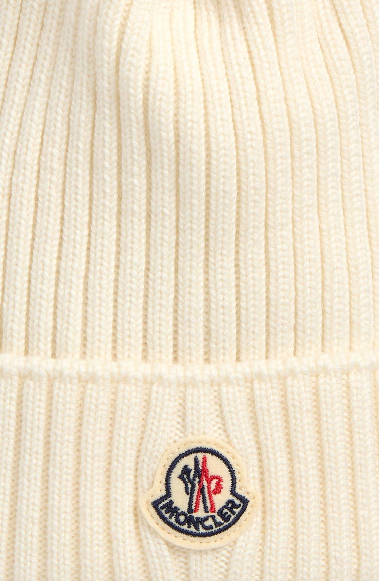 Moncler Kids' Virgin Wool Rib Beanie with Faux Fur Pompom, Alternate, color, White