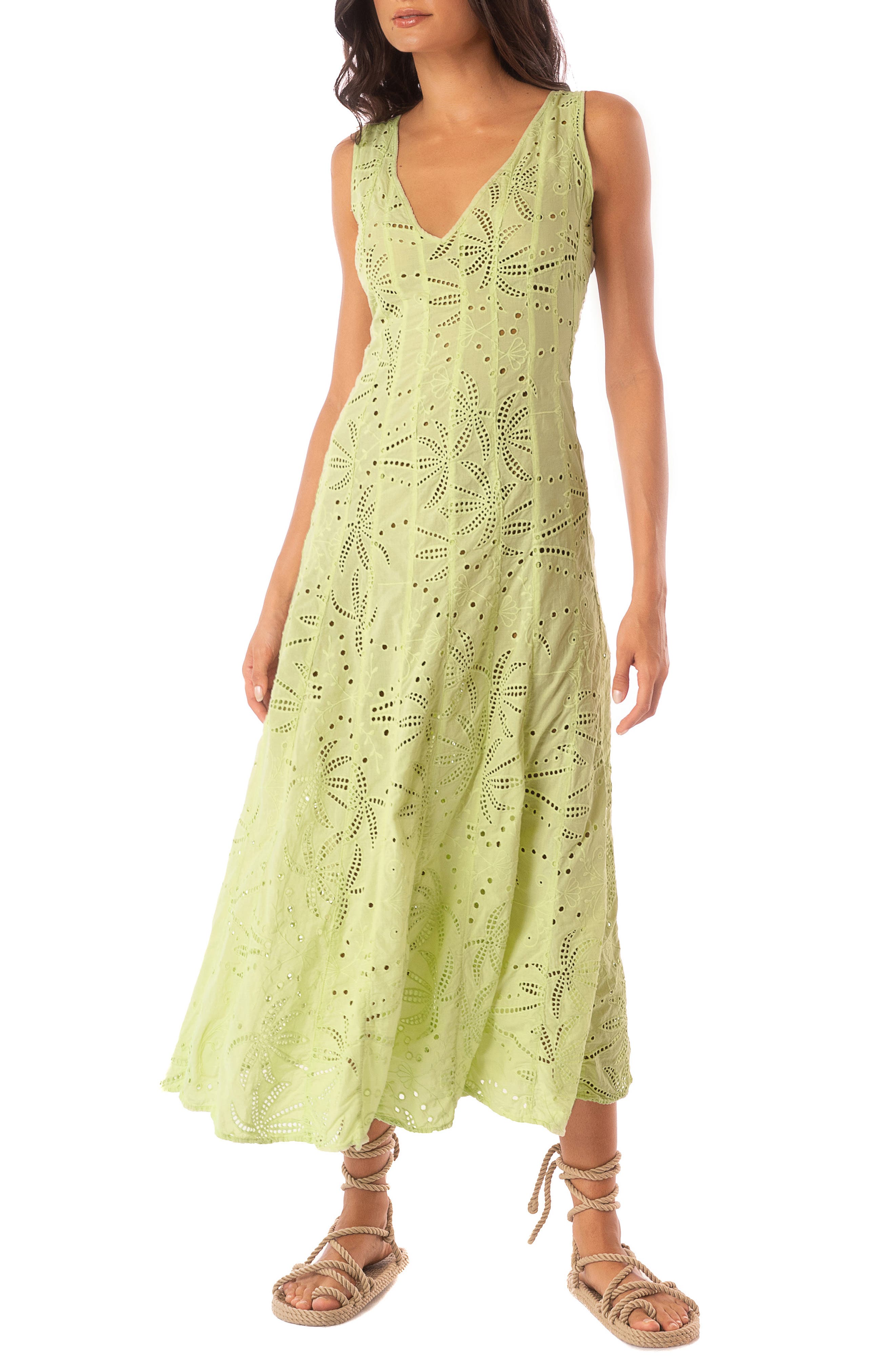 Palm Embroidery Geranium Semisheer Cotton Maxi Dress