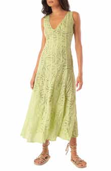 Palm Embroidery Geranium Semisheer Cotton Maxi Dress