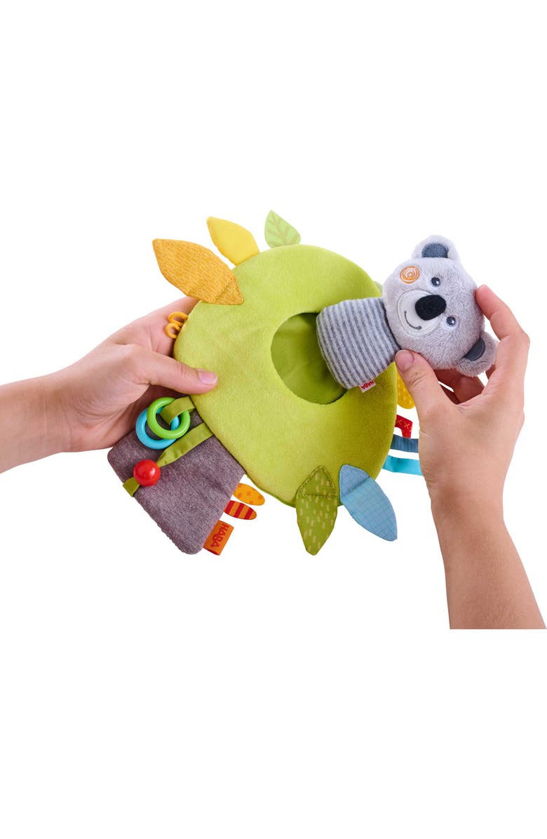 HABA Koala Hanging Toy for Babies, Stroller and Car Seat Toy - Interactive Plush Activity Center with Rattle, Crinkle, Taggies for Babies, Alternate, color, Yellow Multi