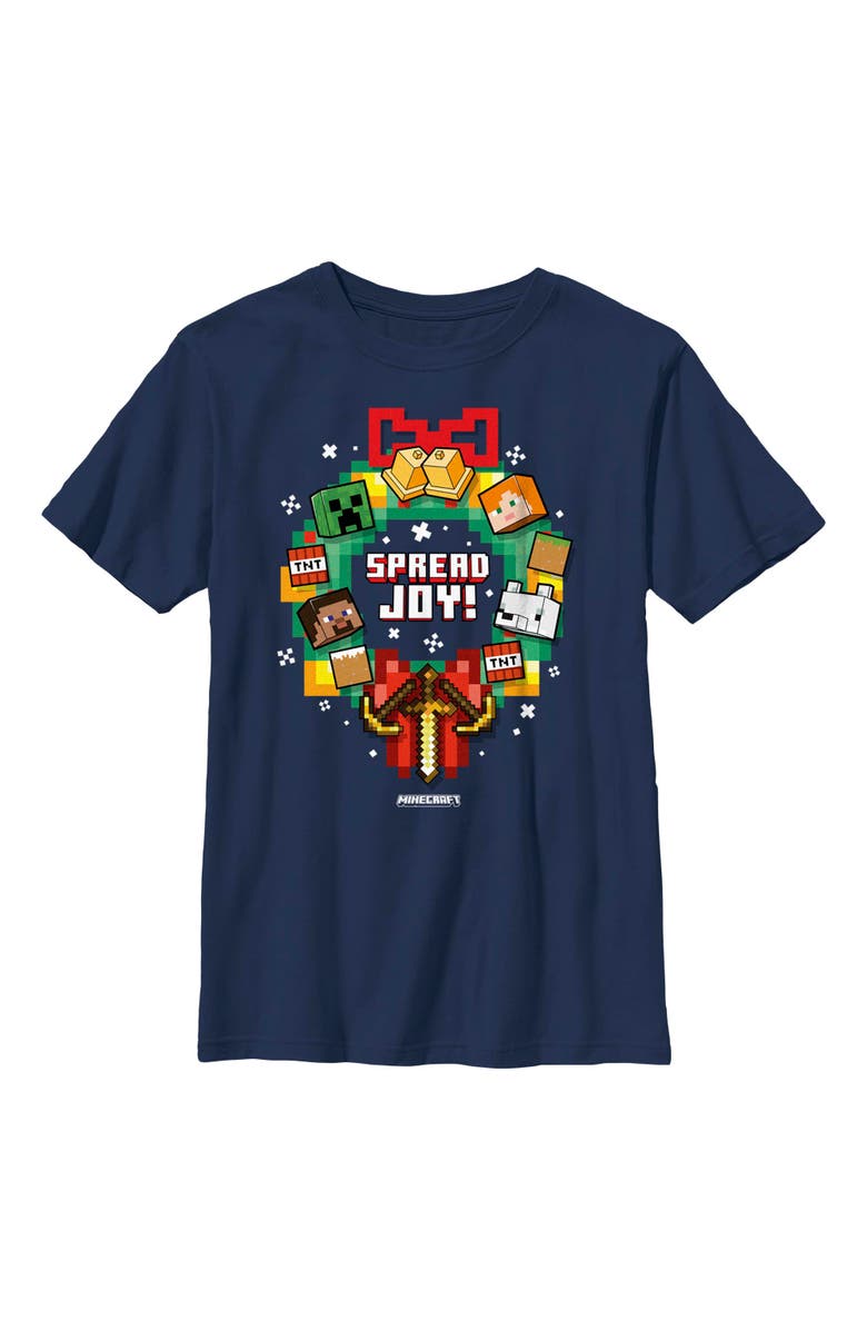 MINECRAFT Boy's Minecraft Wreath Spread Joy  Graphic T-Shirt, Main, color, Navy Blue