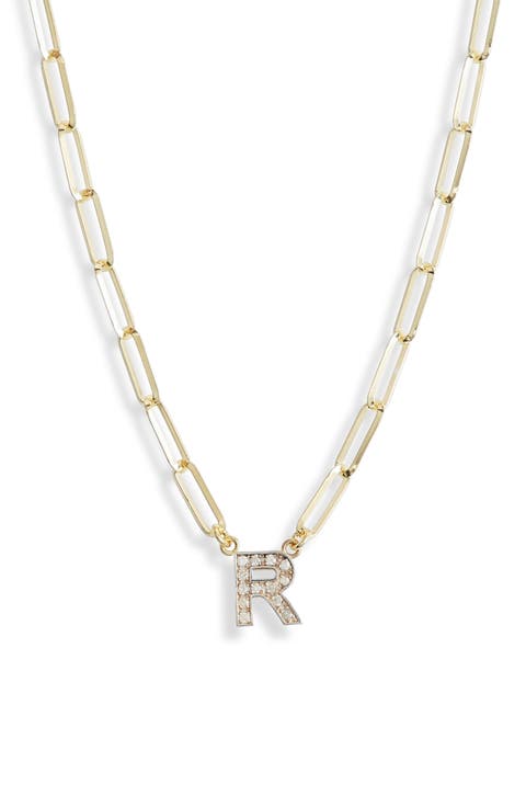 Diamond Initial Charm Paper Clip Chain Necklace