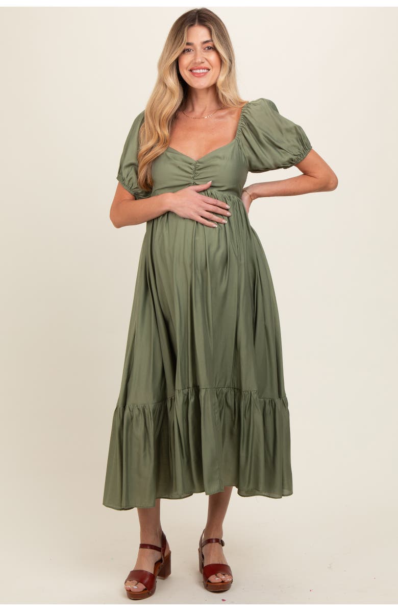 PinkBlush Ruched Sweetheart Neck Tiered Midi Dress, Alternate, color, Olive Green
