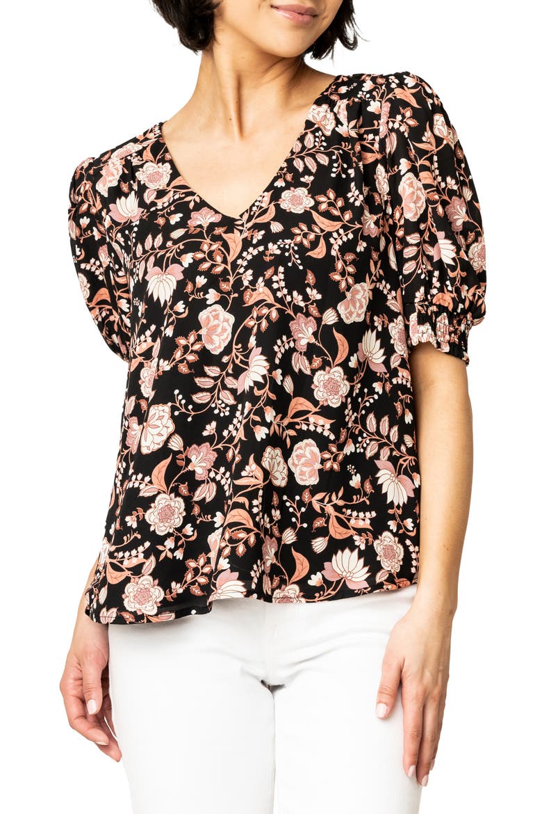 Floral Print Puff Sleeve Blouse, Main, color, BLK BLUSH FLRL