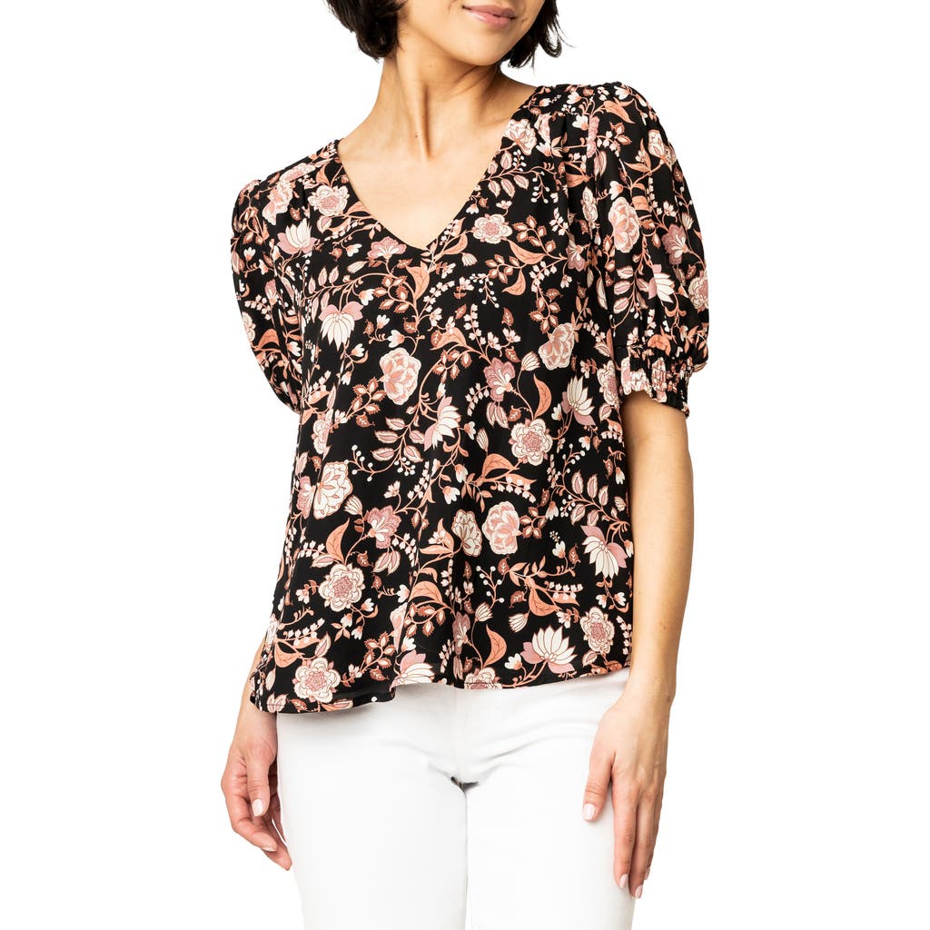 Gibsonlook Floral Print Puff Sleeve Blouse In Brown