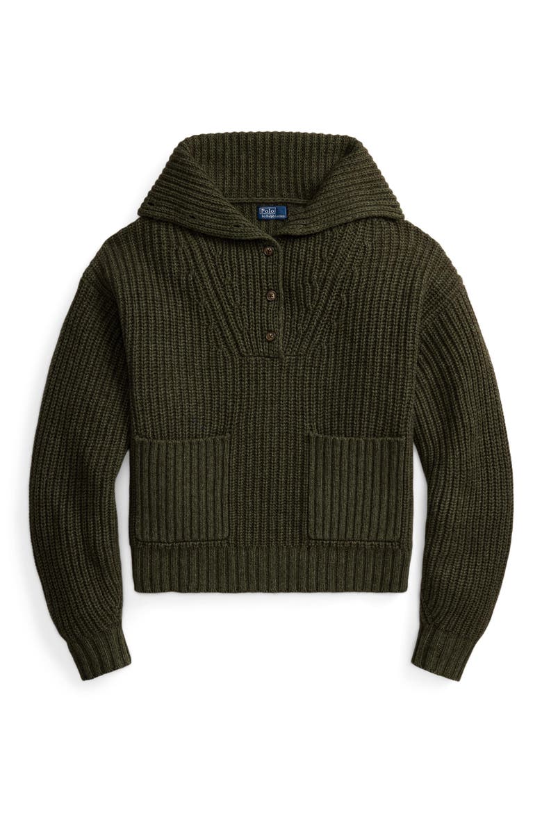 Chunky Half Placket Wool & Cotton Blend Sweater, Alternate, color, OLIVE HEATHER
